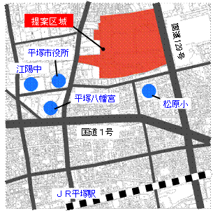 提案区域の位置図（平塚市天沼、宮松町の各一部）の画像