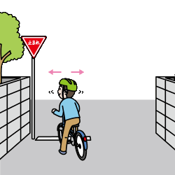 止まれの標識がある交差点で一時停止して左右を確認する自転車利用者のイラスト