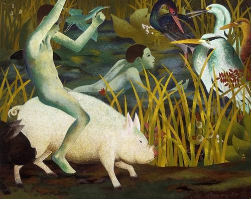 工藤甲人《愉しき仲間（二）》1951年、当館蔵。写真イメージ：少年や豚や鳥などが幻想的な森の中にいます。