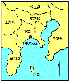 フィッシャリーナマップ（位置図）。神奈川県内南部平塚市を指しています。北緯 35°18′40″東経139°22′10