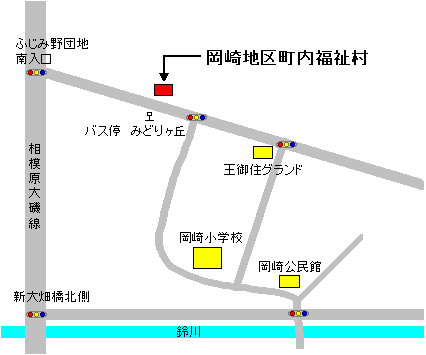 岡崎地区町内福祉村は、相模原大磯線を北上し、ふじみ野団地南入口を右折すると左手にあります。