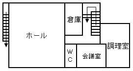 2階にはホール、トイレ、会議室、調理室、倉庫があります。