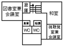 2階には図書室兼会議室、倉庫、給湯室、視聴覚室兼会議室、和室があります。