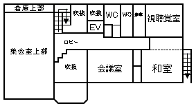 2階には会議室、和室、視聴覚室、倉庫、トイレ、エレベーターがあります。