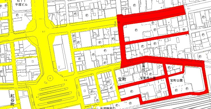 自転車放置禁止区域拡大地区の画像。範囲としては、市内宮の前、宝町、老松町