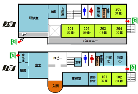 宿泊管理棟は2階建てとなっており、1階に食堂や浴室、宿泊室が2部屋あります。2階には研修室と宿泊室が5部屋あります。