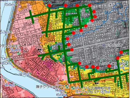 避難目標ポイントまで3分以内で到達できる場所の洗い出しの図