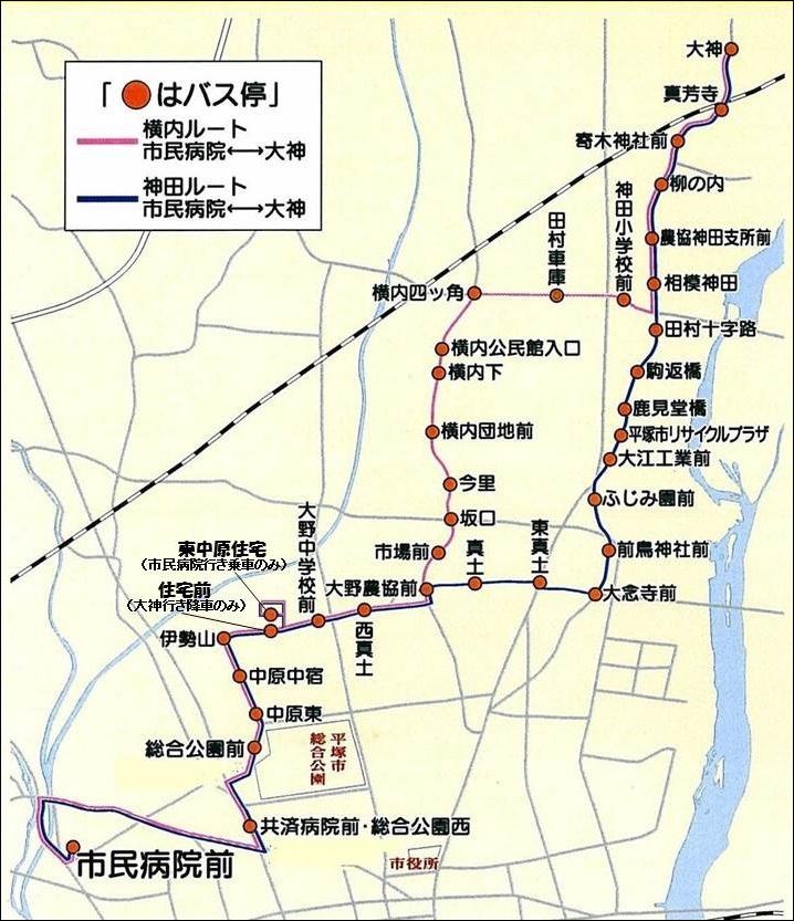 横内ルートは、大神、真芳寺、寄木神社前、柳の内、農協神田支所前、相模神田、神田小学校前、田村車庫、横内四ツ角、横内公民館入口、横内下、横内団地前、今里、坂口、市場前、大野農協前、西真土、大野中学校前、東中原住宅又は住宅前、伊勢山、中原中宿、中原東、総合公園前、共済病院前総合公園西、市民病院前の各バス停を通ります。神田ルートは、大神、真芳寺、寄木神社前、柳の内、農協神田支所前、相模神田、田村十字路、駒返橋、鹿見堂橋、平塚市リサイクルプラザ、大江工業前、ふじみ園前、前鳥神社前、大念寺前、東真土、真土、大野農協前、西真土、大野中学校前、東中原住宅又は住宅前、伊勢山、中原中宿、中原東、総合公園前、共済病院前総合公園西、市民病院前の各バス停を通ります。