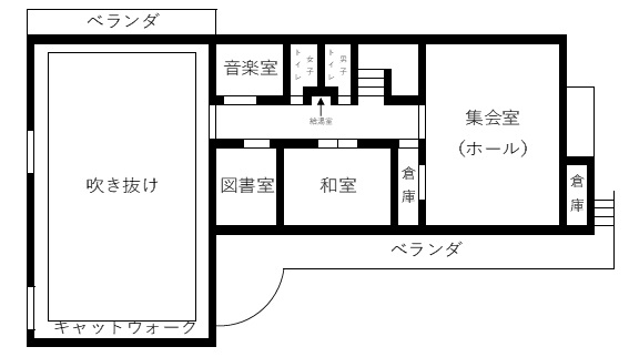 2階には音楽室兼会議室、図書室兼会議室、和室、集会室、ベランダ、トイレがあります。