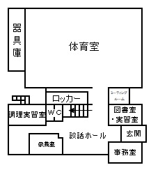 1階の見取り図です。事務室・体育館・ミーティングルーム・図書室・和室・調理実習室があります。