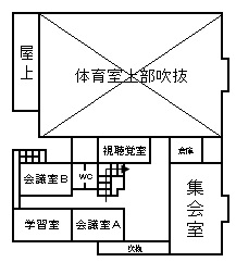 金目公民館2階の見取り図。集会室・視聴覚室・会議室A・会議室B・和室があります。