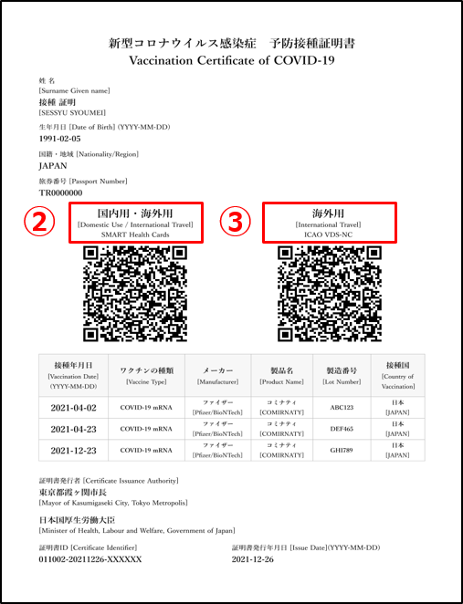 ワクチン接種証明書（書面）のサンプル画像