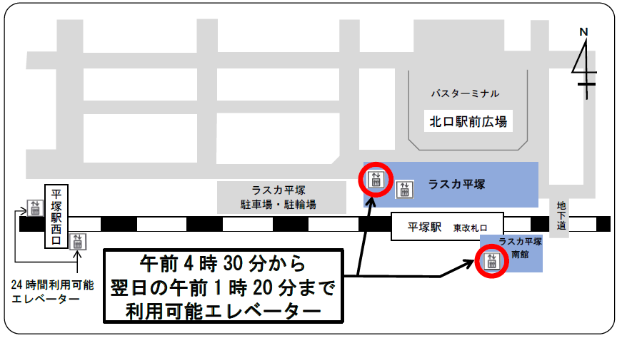 ラスカ平塚の既存西側エレベーターを活用して北口駅前広場と平塚駅東改札口をつなぐバリアフリーに配慮した経路です。