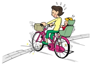 子どもを乗せた自転車が段差を通る際につまづきそうな様子のイラスト