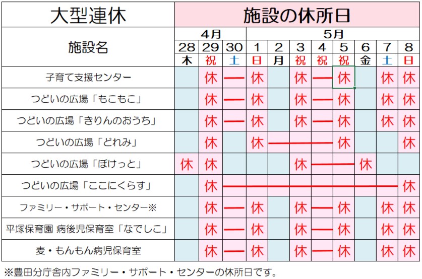 各施設休所日一覧