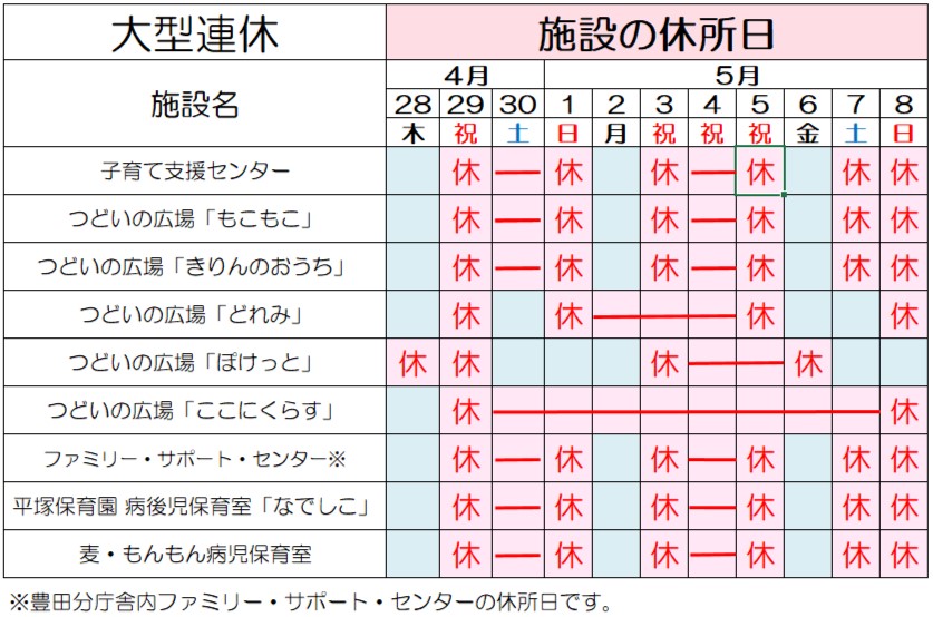 各施設休所日一覧