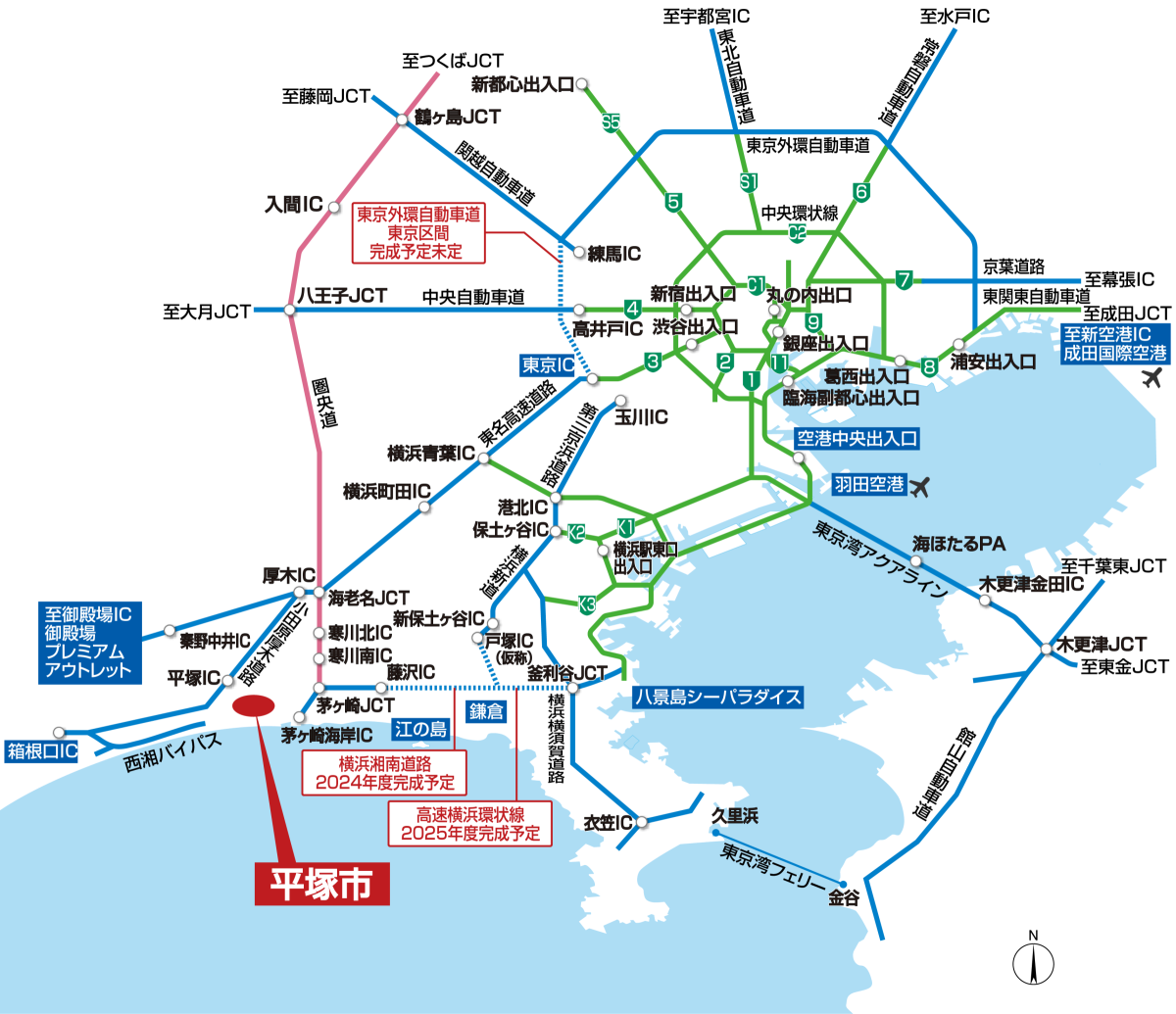 平塚市の場所を示した首都圏高速道路マップ