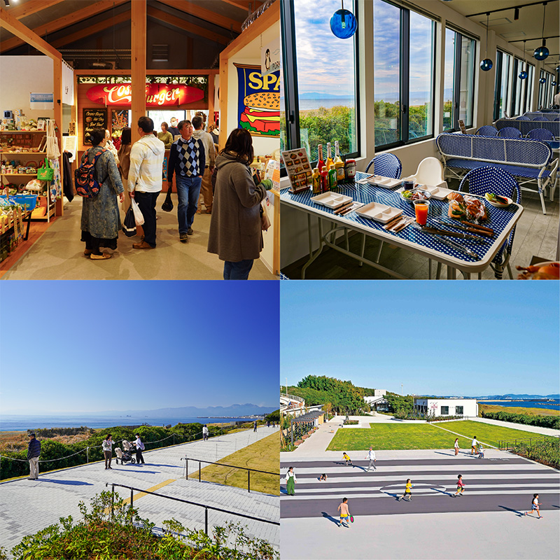 マルシェ、BBQレストラン、芝生広場、スポーツフィールドの写真