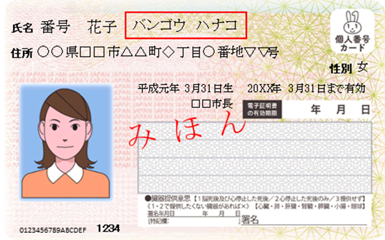 振り仮名が印字されたマイナンバーカード