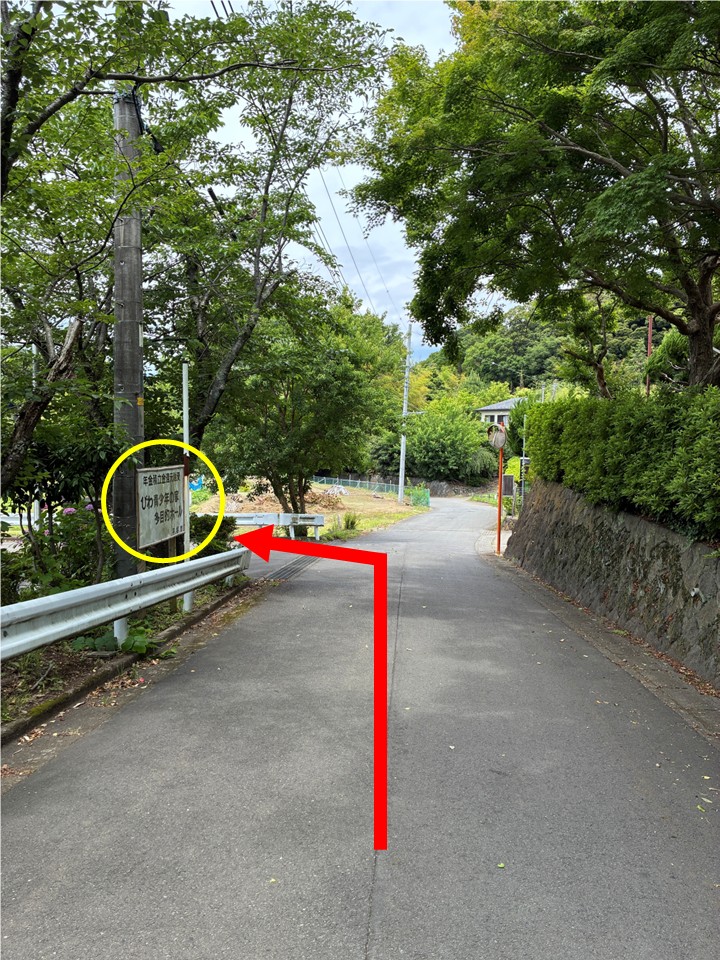 多目的ホール（青い屋根）の建物が見えたら左折。
